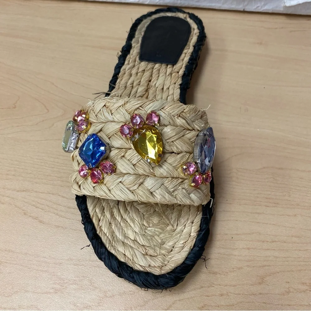 T14 Tory Burch Multicolor Crystal‎ Raffia Slide Sandals